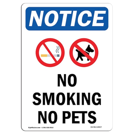 Signmission OSHA Notice Sign, No Smoking No Pets With Symbol, 24in X 18in Decal, 18" W, 24" L, Portrait OS-NS-D-1824-V-14807